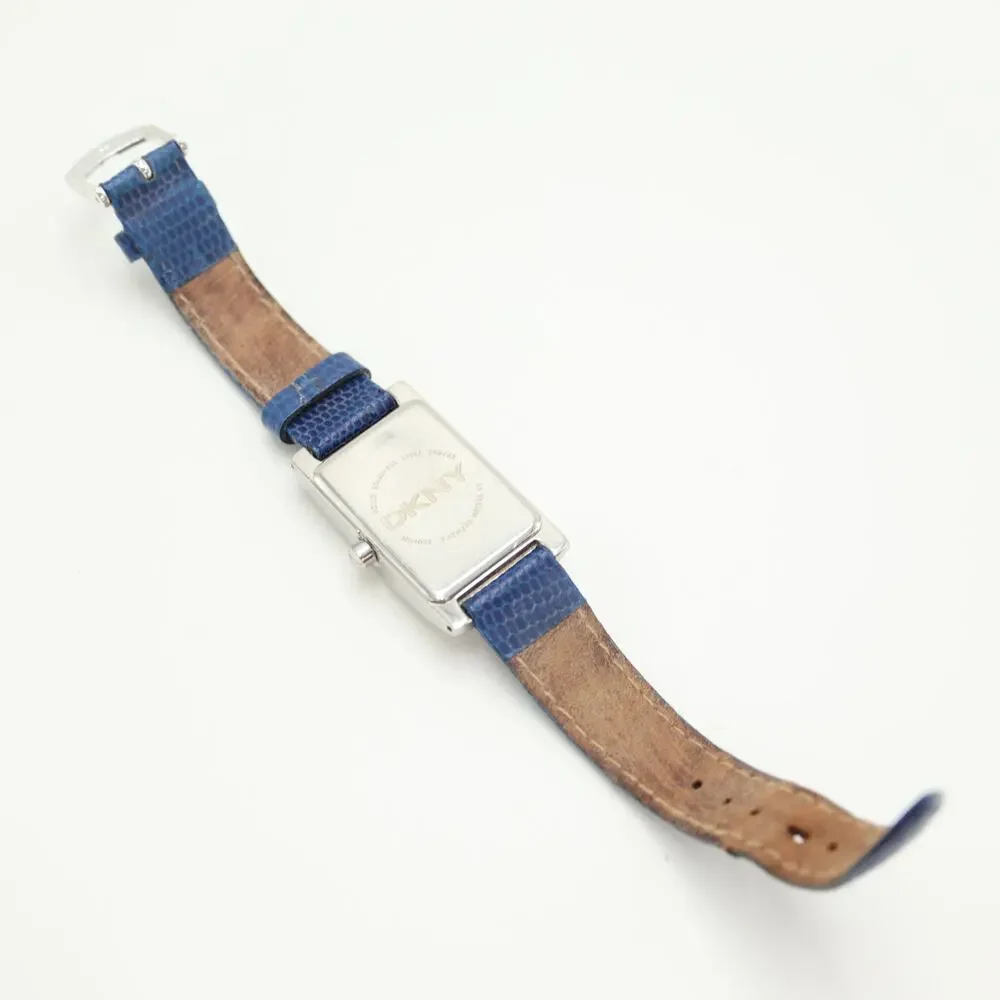 DKNY Silver Tone Dome Tank 23mm Women Watch Rectangle Blue Leather w New Battery